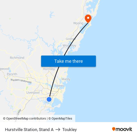 Hurstville Station, Stand A to Toukley map