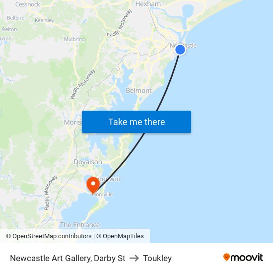 Newcastle Art Gallery, Darby St to Toukley map