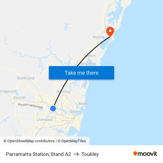 Parramatta Station, Stand A2 to Toukley map