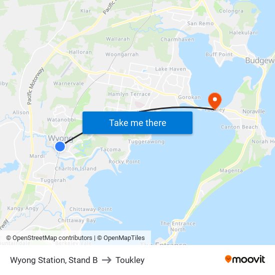 Wyong Station, Stand B to Toukley map