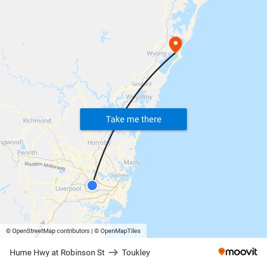 Hume Hwy at Robinson St to Toukley map