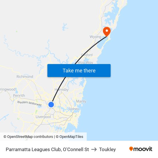 Parramatta Leagues Club, O'Connell St to Toukley map