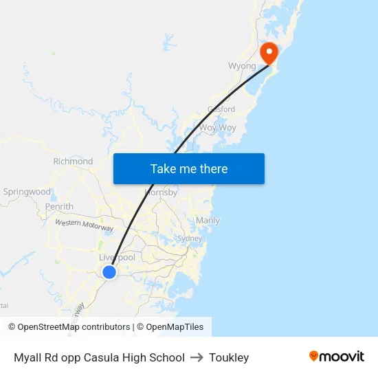 Myall Rd opp Casula High School to Toukley map