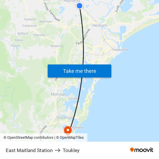 East Maitland Station to Toukley map