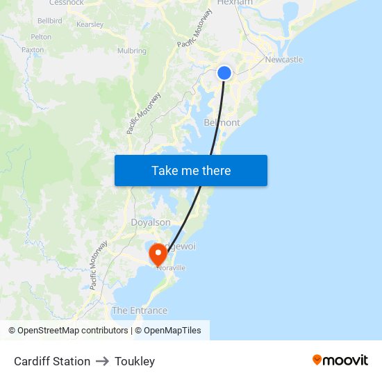 Cardiff Station to Toukley map