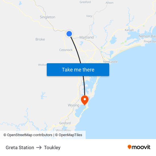 Greta Station to Toukley map