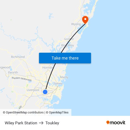 Wiley Park Station to Toukley map