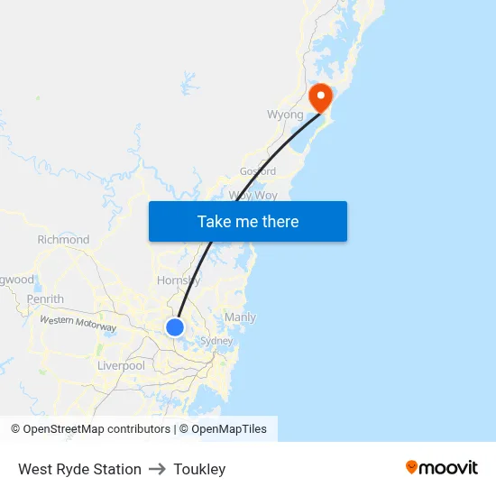 West Ryde Station to Toukley map