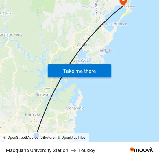 Macquarie University Station to Toukley map