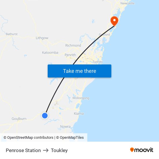 Penrose Station to Toukley map