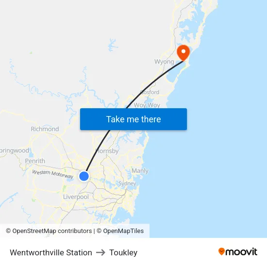 Wentworthville Station to Toukley map