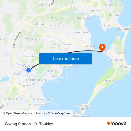 Wyong Station to Toukley map