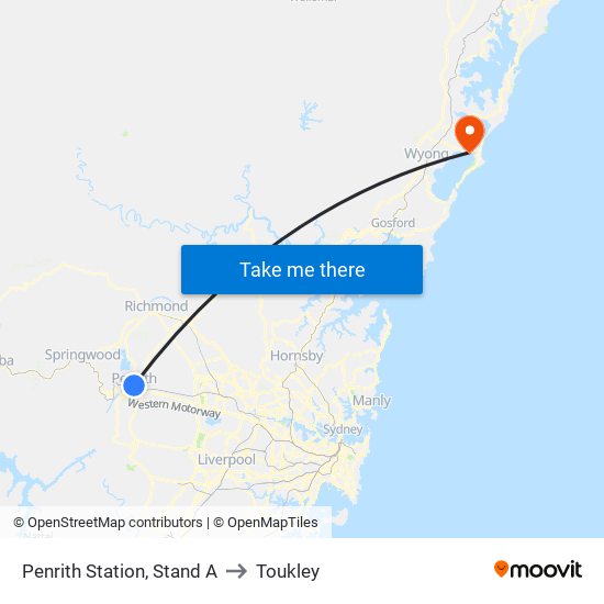 Penrith Station, Stand A to Toukley map