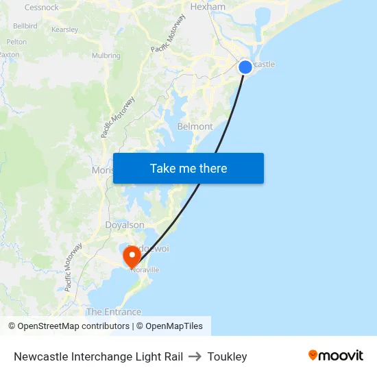 Newcastle Interchange Light Rail to Toukley map