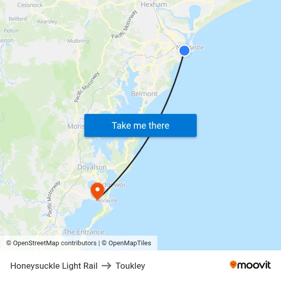 Honeysuckle Light Rail to Toukley map