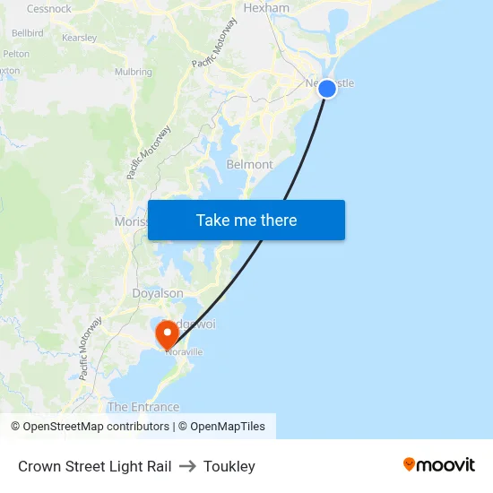 Crown Street Light Rail to Toukley map