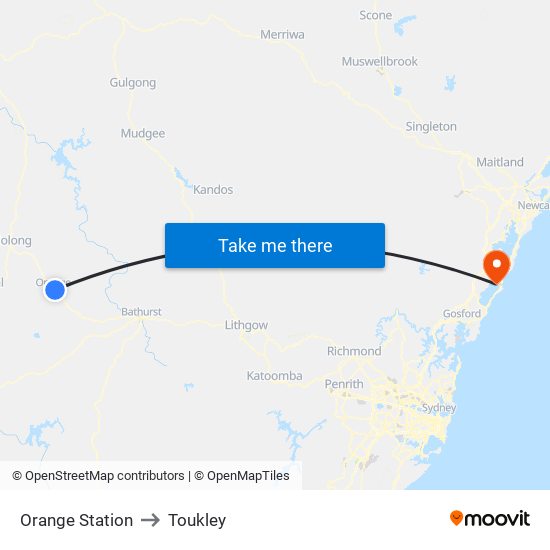 Orange Station to Toukley map