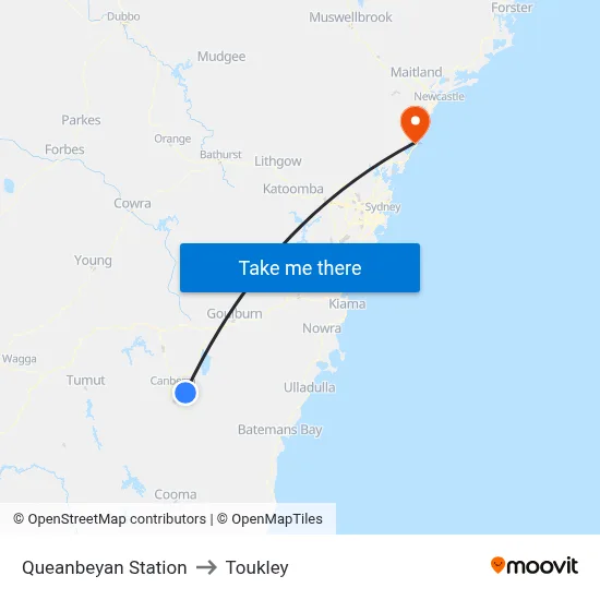 Queanbeyan Station to Toukley map