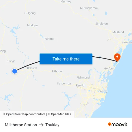 Millthorpe Station to Toukley map