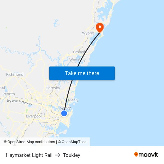 Haymarket Light Rail to Toukley map