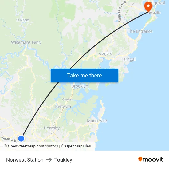 Norwest Station to Toukley map