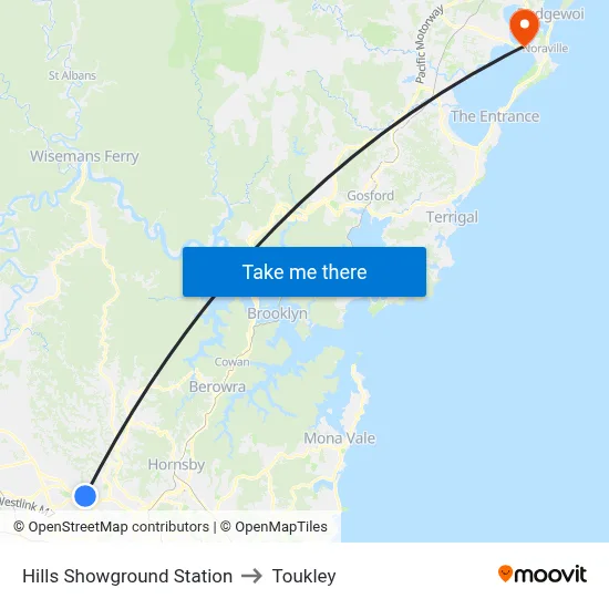 Hills Showground Station to Toukley map
