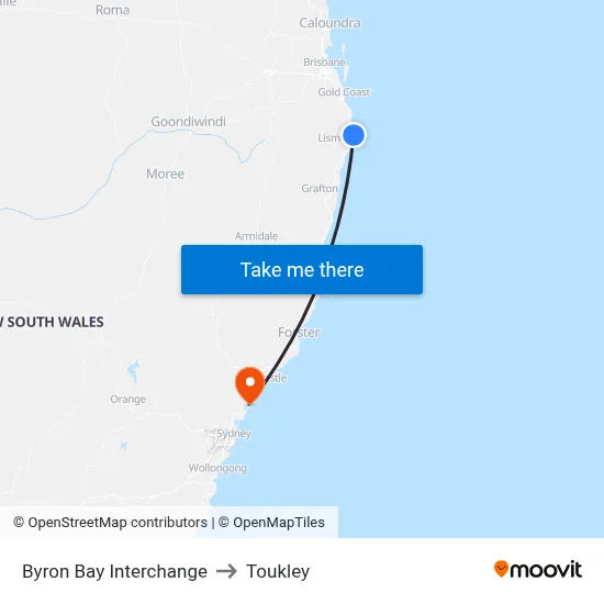 Byron Bay Interchange to Toukley map