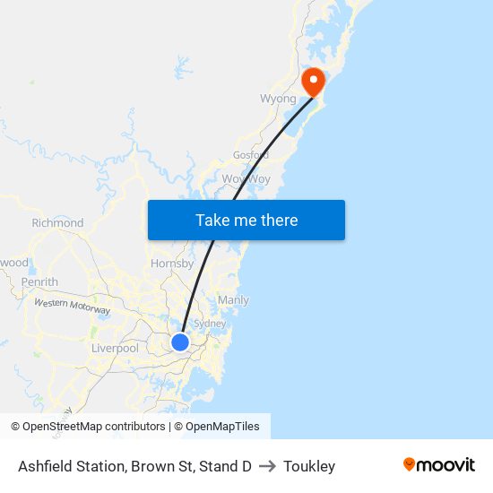 Ashfield Station, Brown St, Stand D to Toukley map
