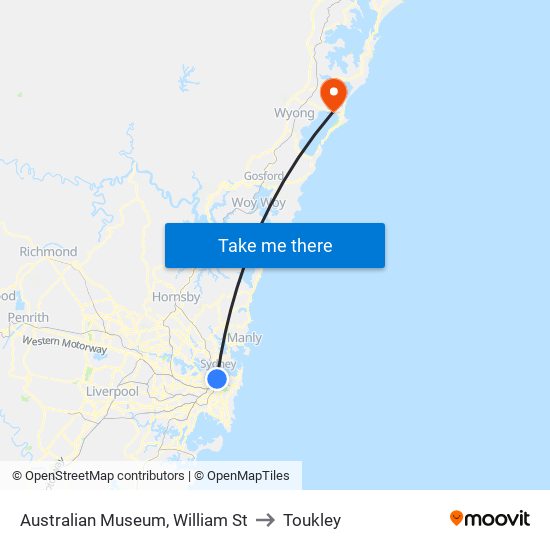 Australian Museum, William St to Toukley map