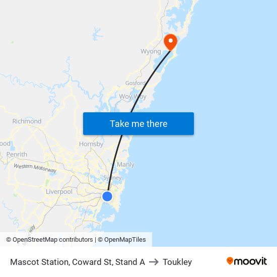 Mascot Station, Coward St, Stand A to Toukley map