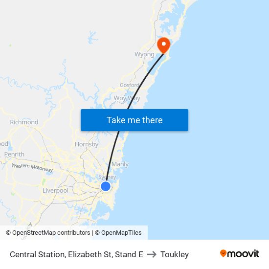 Central Station, Elizabeth St, Stand E to Toukley map