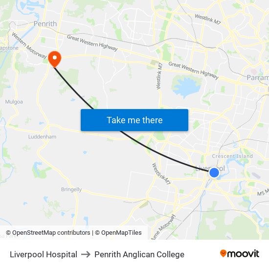 Liverpool Hospital to Penrith Anglican College map