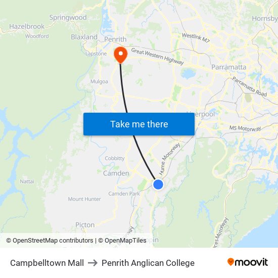 Campbelltown Mall to Penrith Anglican College map