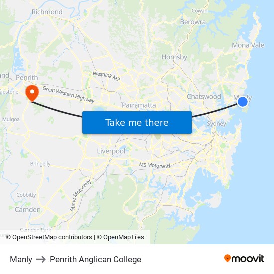 Manly to Penrith Anglican College map