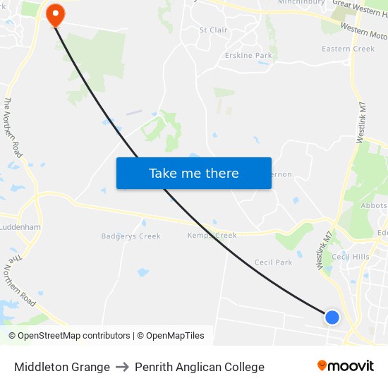 Middleton Grange to Penrith Anglican College map