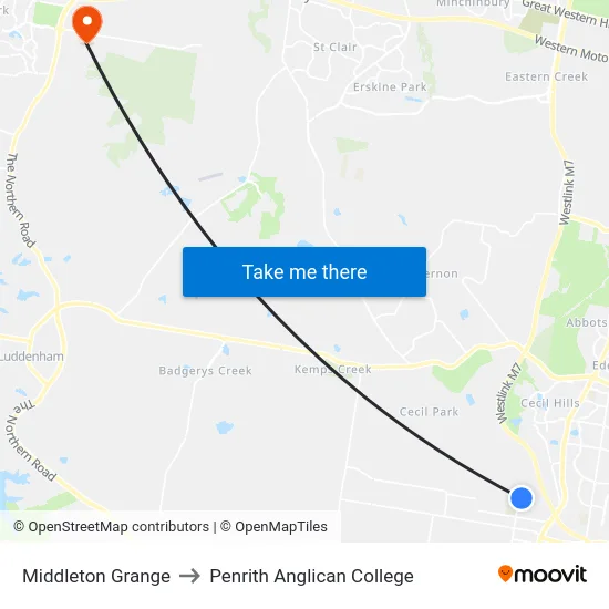 Middleton Grange to Penrith Anglican College map