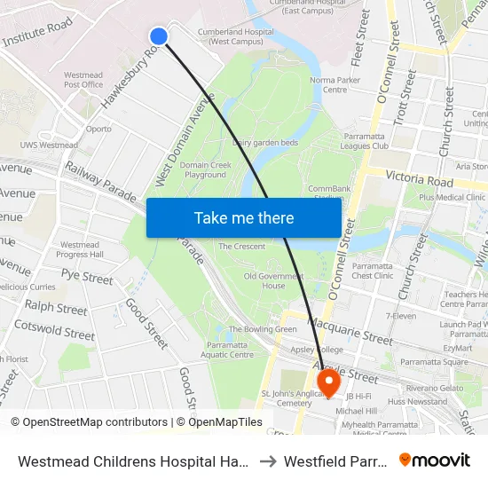 Westmead Childrens Hospital Hawkesbury Rd to Westfield Parramatta map