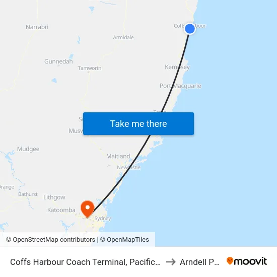 Coffs Harbour Coach Terminal, Pacific Hwy to Arndell Park map