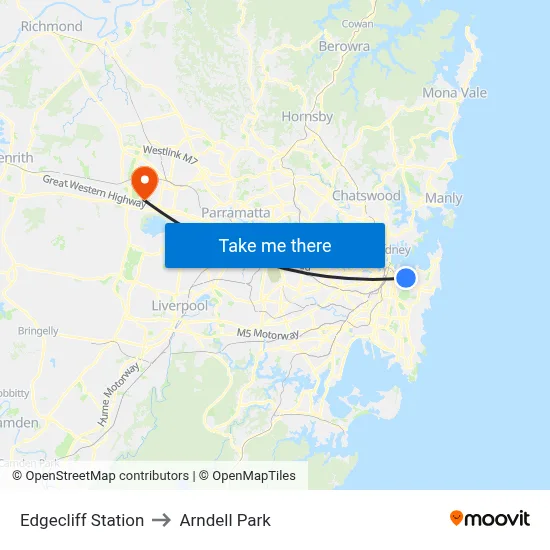 Edgecliff Station to Arndell Park map