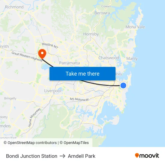 Bondi Junction Station to Arndell Park map
