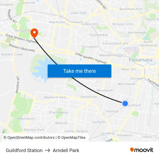 Guildford Station to Arndell Park map