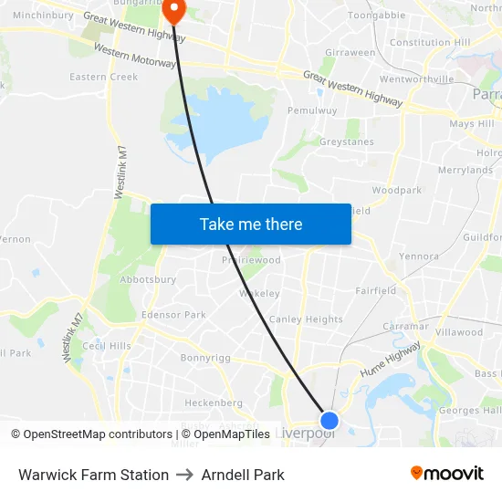 Warwick Farm Station to Arndell Park map