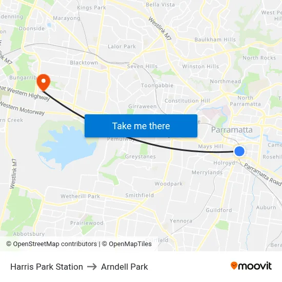 Harris Park Station to Arndell Park map