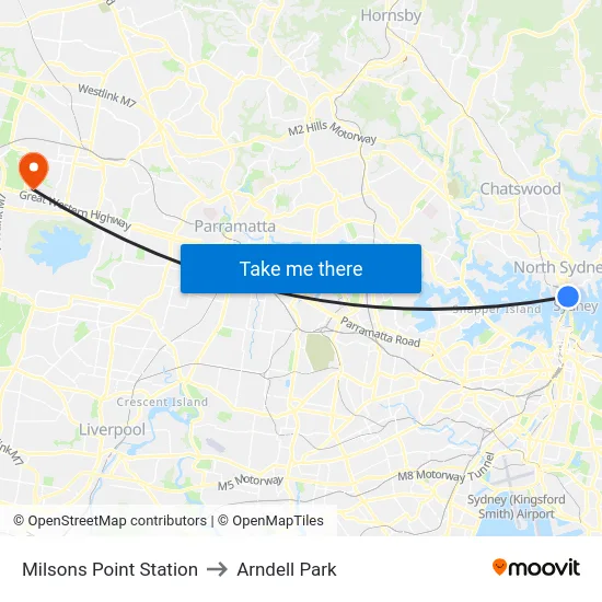 Milsons Point Station to Arndell Park map