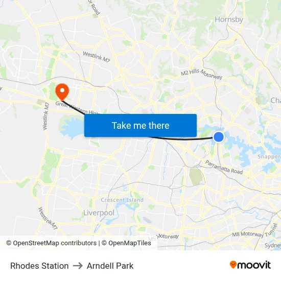 Rhodes Station to Arndell Park map
