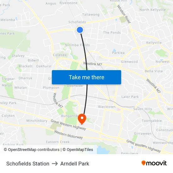 Schofields Station to Arndell Park map