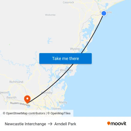Newcastle Interchange to Arndell Park map