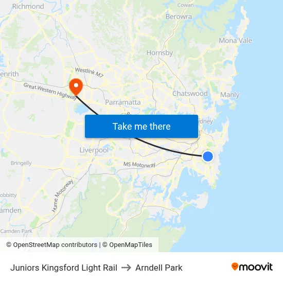 Juniors Kingsford Light Rail to Arndell Park map