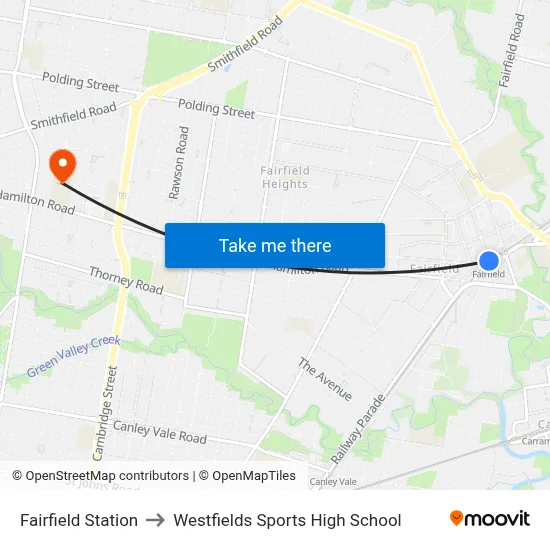 Fairfield Station to Westfields Sports High School map