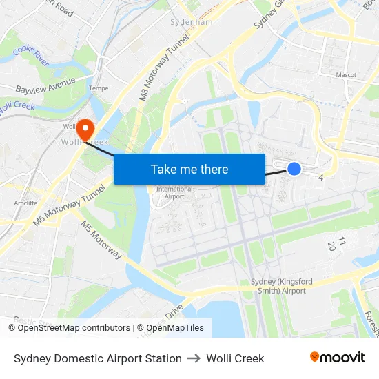 Sydney Domestic Airport Station to Wolli Creek map
